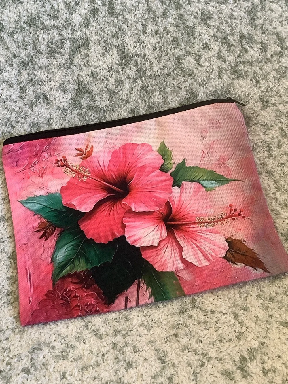 Hot Pink Tropical Floral Cosmetic Bag Canvas Pouch with Hibiscus Print NWT 10x7.
